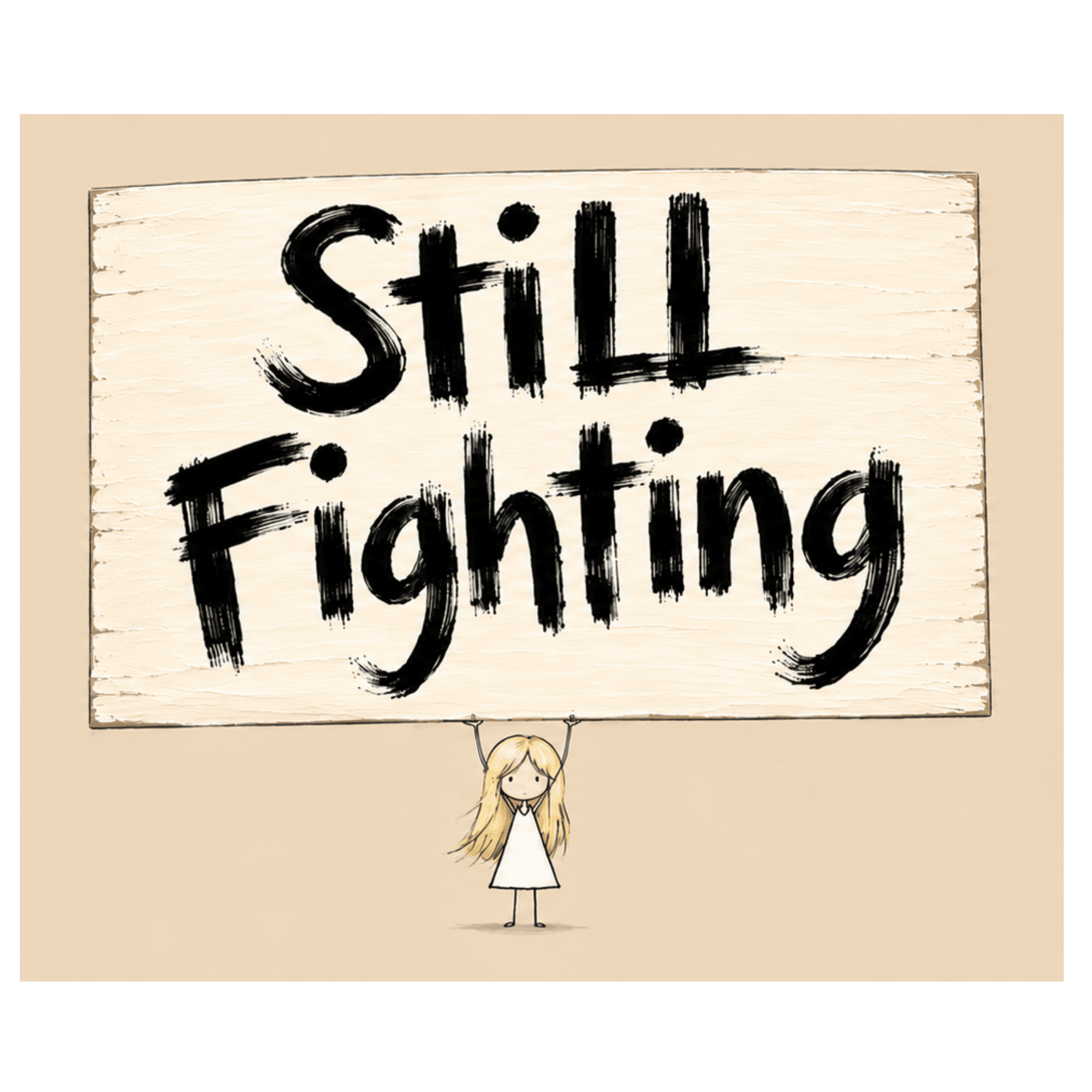 Still Fighting logo: a small blonde girl holding a sign that says Still Fighting